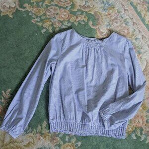NWOT ZARA Women Size L Shirt Top Blue White Pinstripe Smocked Lightweight